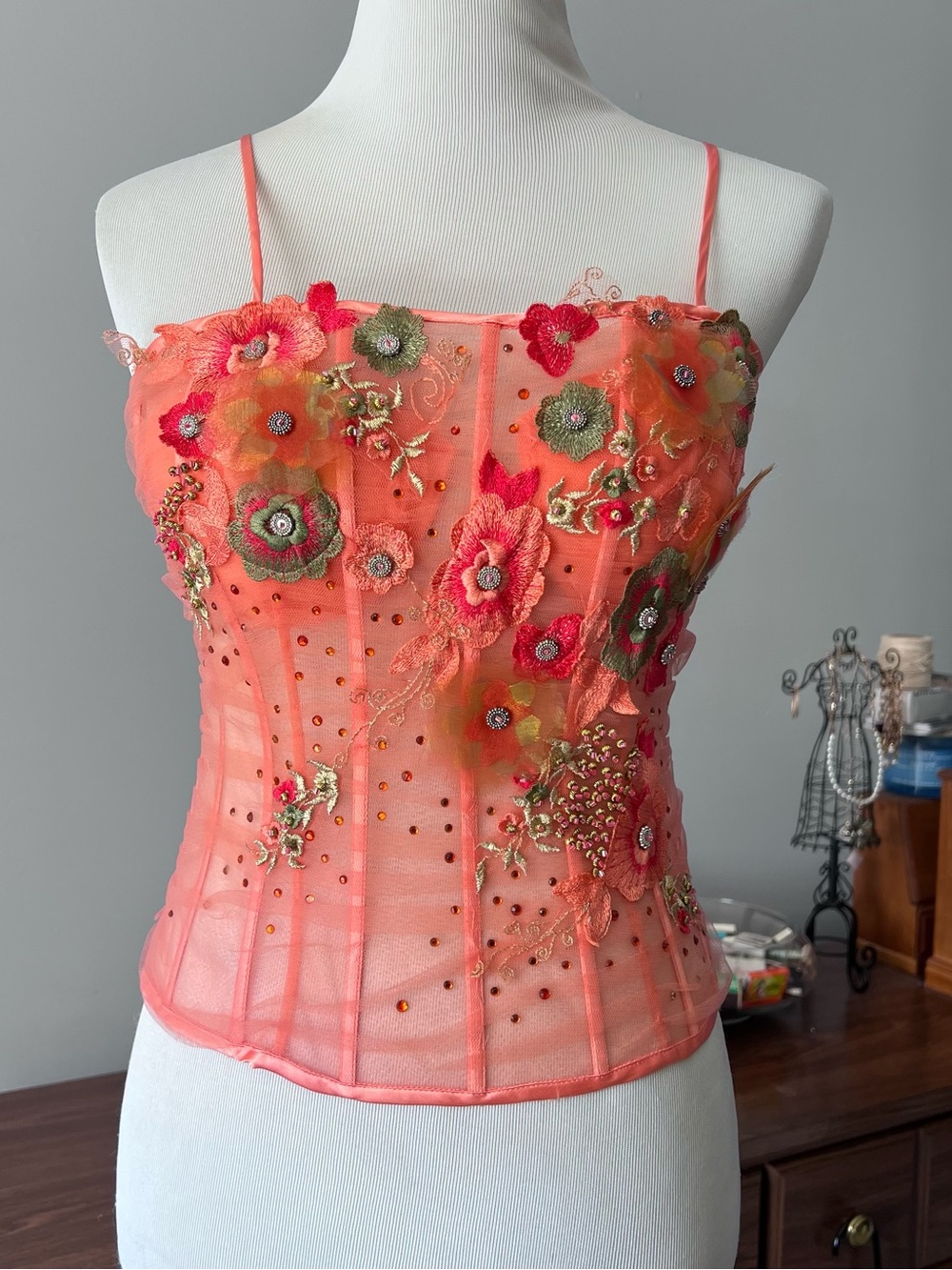 Y2K Mesh Corset Top Coral Pink 3D Floral Beaded Bustier Fairycore Boho Large